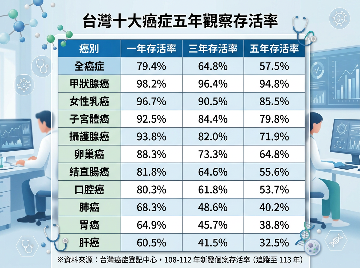 台灣十大癌症五年觀察存活率